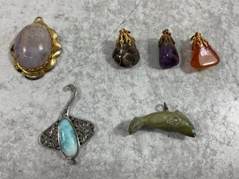 120 Lot Of 6 Vintage Multi Stone/Agate Necklace Pendants, Amethyst, Amber, Jade, Larimar, Turritella Agate