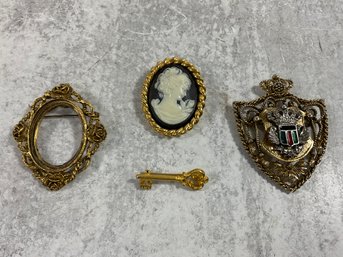122 Lot Of 4 Vintage Victorian Style Gold Tone Brooch Pins, Cameo, Key, Frame, Coat Of Arms Shield