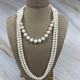 050 Lot Of Two White Ball Beaded Necklaces, Long And Short
