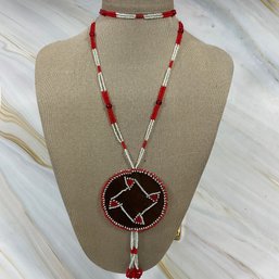 051 Handmade Native American Medallion Style Seed Beaded Leather Necklace
