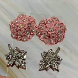053 Lot Of Two Vintage Clip On Earrings, Pink Rhinestone Flowers, Crown Trifari Rhinestone Snowflakes