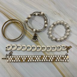 063 Lot Of Five White Gold Tone Bracelets, Monet, Pearl And Rhinestone, Mother Of Pearl