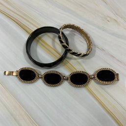 064 Lot Of Three Black And Gold Tone Bracelets, Bergere Velvet, Trifari, Bangle Bracelet