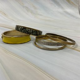 065 Lot Of Five Gold Tone Bangle Bracelets, Monet, Yellow Clasp Bangle, India Turquoise Chip Inlay Bangle