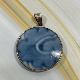 070 Sterling Silver Blue & White Ceramic Porcelain Necklace Pendant