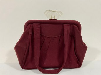 138 Vintage Lucite Clasp Burgundy Fabric Clutch Purse W Coin Pouch