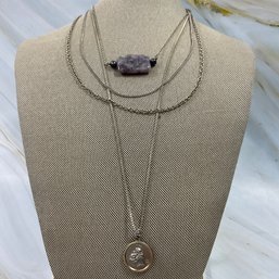 076 Lot Of Four Sterling Silver Chain Necklaces, Lepidolite Stone W/ Black Pearls, Saint Anthony Pendant