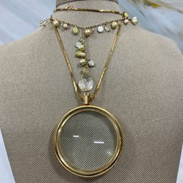 078 Lot Of Two Gold Tone Chain Beaded Necklaces, Magnifying Glass Pendant, CH Green Pearl Necklace