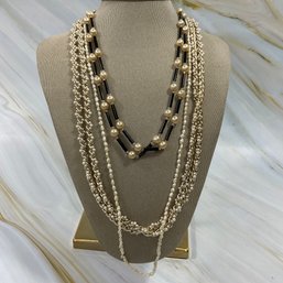 080 Lot Of Three Vintage Pearl Necklaces, Gold Chain Twist, Black Onyx Beads, Seed Pearls