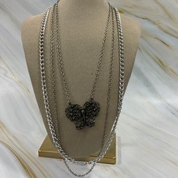 081 Lot Of Two Silver Tone Chain Necklaces, Chain Link, Double Layered Chain Butterfly Pendant