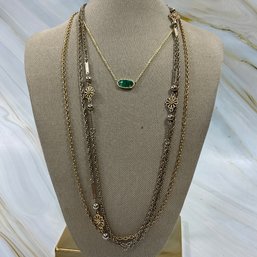 082 Lot Of Three Gold Tone Chain Necklaces, Green Glass Pendant, Flower Chain, Plain Chain