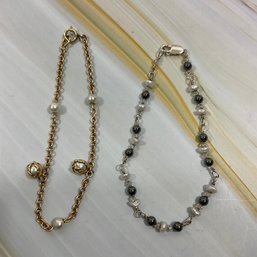 084 Lot Of Two Dainty Chain Pearl Bracelets, 12k GF Gold Bracelet, Sterling Silver Seed Pearl Beaded Bracelet