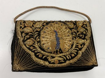 143 Vintage Unbranded Velvet Metal Thread Embroidered Peacock Purse Made In India AS IS