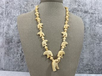 160 Vintage Alaskan Carved Whale Bone Bear Beaded Necklace
