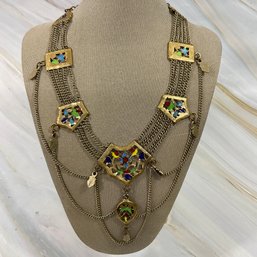 136 Vintage Egyptian Revival Brass Enameled Festoon Necklace