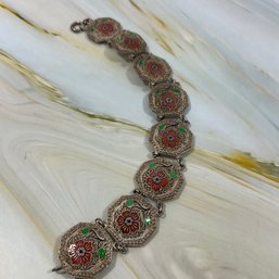 141 Vintage Sterling Silver Red Floral Enameled  Link Bracelets