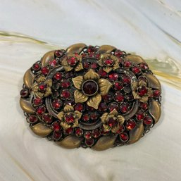 145 Vintage Czechoslovakia Red Garnet Brass Floral Pin Brooch