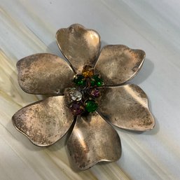153 Handmade Sterling Silver Multi-Color Rhinestone Flower Brooch Pin