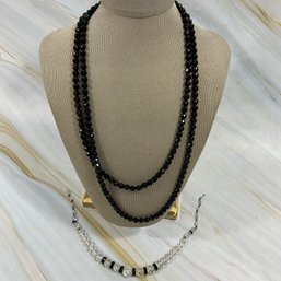 162 Lot Of Two Crystal Beaded Necklaces, Jet Black Long Necklace, AS IS Clear Crystal Choker Necklace