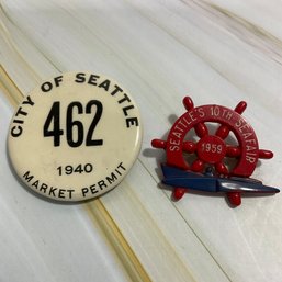 177 Lot Of Two Seattle WA Brooch Pins, Seafair Pin, Market Permit Pin