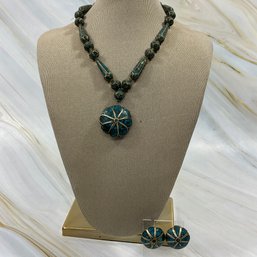 186 Tibetan Sterling Silver Turquoise Inlay Flower Beaded Handmade Necklace & Screw On Earrings