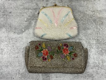 211 Lot Of 2 Vintage Seed Beaded Floral And Pastel Clutch Purses