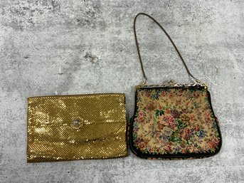 213 Lot Of 2 Vintage Clutch Purses, Whiting & Davis Co. Gold Tone Metal Mesh, Victorian Floral Tapestry