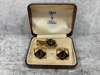 222 Vintage Styled By Bliss Roaster Gold Tone And Black Cufflinks And Tie Clip
