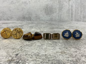 219 Lot Of 4 Vintage Gold Tone Cufflinks, Wedgwood Ship, Tigers Eye, Pocket Watch Interior
