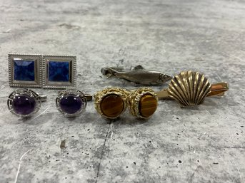 218 Lot Of 5 Vintage Cufflinks And Tie CLips, Tigers Eye, Amethyst, Lapis Lazuli, Fish Clip, Shell Clip