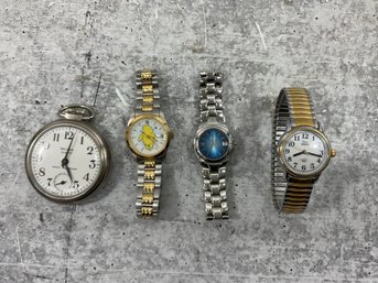 217 Lot Of 4 Vintage Silver/Gold Tone Watches And Pocket Watch, Fossil, Timex, Ingersoll, Westclox