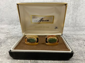 230 Vintage Anson Gold Tone Green Agate Cufflinks