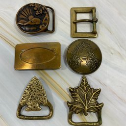 195 Lot Of Six Solid Brass Vintage Belt Buckles, Leaf, Arrowhead, Sun/Landscape, Medusa