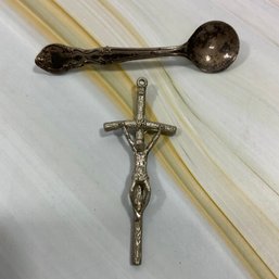 198 Lot Of Two Silver Vintage Jewelry, Sterling Silver Spoon Brooch Pin, Silver Tone Crucifix Cross Pendant