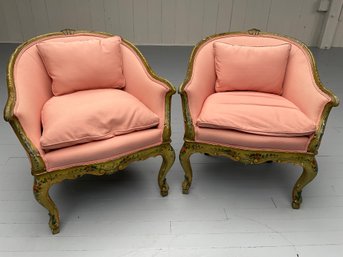 004 Pair Of Vintage Louis XV Style Rose Painted Bergres Pink Chairs