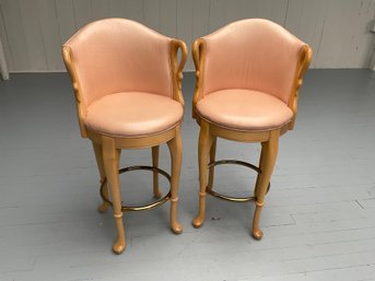 013 Pair Of Vintage Swan Statesville Chair Co. Pink Upholstered Snake Print Leather Swan Arm Barstools