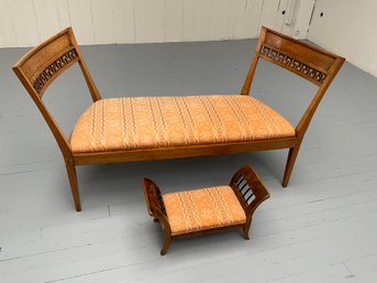 005 Vintage Neoclassical Style Fruitwood Orange Bench With Miniature Bench/Footstool