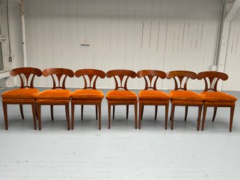 020 Set Of Seven (7) Walnut Orange Upholstery Velvet Cushion Chairs