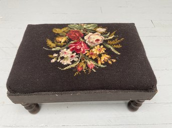 030 Vintage Needlepoint Embroidered Black Footstool