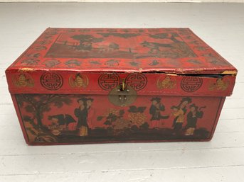 037 AS IS Antique Chinese Red Lacquered Storage Chest, Needs Repairing