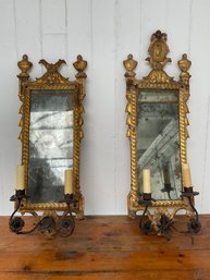 040 Pair Of Antique Wall Hanging Gold Gilt Mirror Candle Holding Sconces AS IS