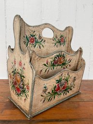 042 Vintage Handpainted Floral Magazine/Book Holding Wood Basket