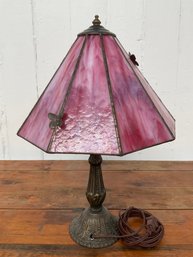 044 Tiffany Style Pink Stained Glass Bronze Butterfly Table Lamp