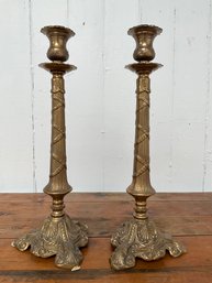 048 Pair Of Brass Gold Gilt Ornate Candlesticks