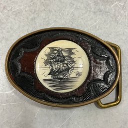 088 BTS Solid Brass Ship Porcelain And Leather Belt Buckle