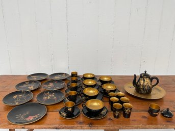 055 Vintage Japanese Lacquerware Hand Painted Tea Set