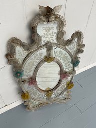 080 Vintage Venetian Italian Etched Murano Colored Glass Flowers Mirror AS IS Super Delicate