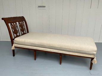 086 Antique Cream Upholstered Mahogany Wood Chaise Lounge Chair Bench