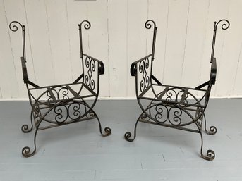 087 Antique Pair Of French Wrought Iron Arm Chairs, Outdoor