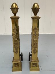 098 Pair Of Antique French Brass Fireplace Andirons